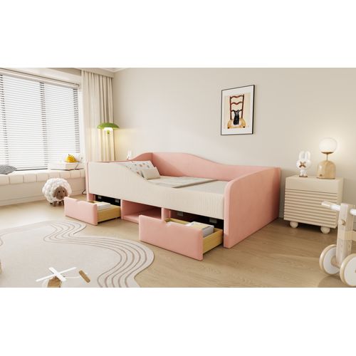 Lit Banquette 90x190 Cm - Enfant - Barrières Et 2 Tiroirs De Rangement - Velours - Rose