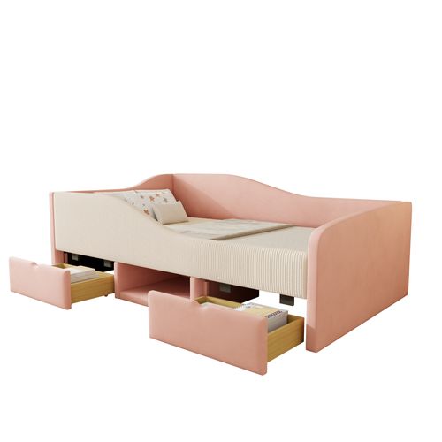 Lit Banquette 90x190 Cm - Enfant - Barrières Et 2 Tiroirs De Rangement - Velours - Rose