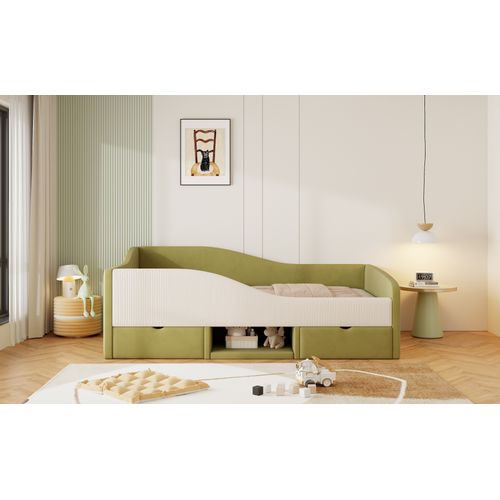 Lit Banquette Enfant 90x190 Cm - 2 Tiroirs - Design Courbé - Velours - Vert Foncé Et Blanc Crème