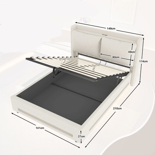 Lit Coffre 140x200 cm - Lit Ado Capitonné - LED Intégrée - Port USB-C - Tissu en lin - Beige
