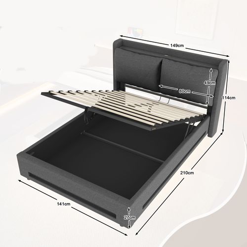 Lit Coffre 140x200 Cm - Lit Capitonné - Rangement - LED - USB-c - Coussins Amovibles - Lin - Gris