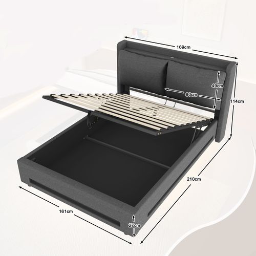 Lit Coffre Double 160x200 Cm - Rangement - LED - Port USB-c - Coussins Amovibles - Lin - Gris Foncé