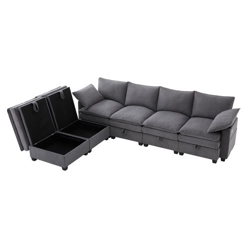 Canapé D’angle Modulable En Velours, Avec Pouf Et Rangement, Port USB Et Porte-gobelet, Gris