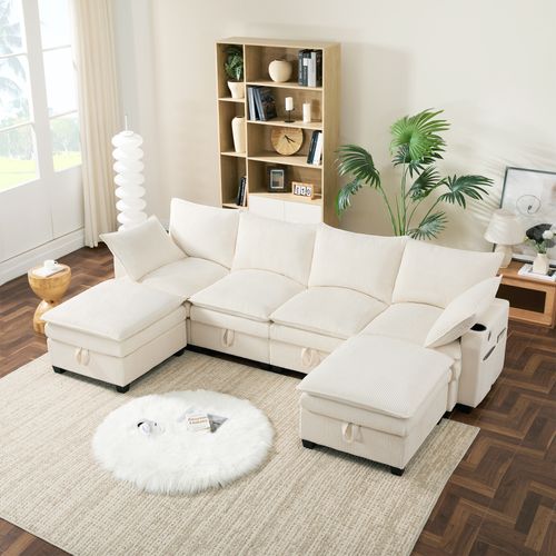 Canapé D’angle Modulable En Velours Beige Avec Pouf, Coffre, USB Et Porte-gobelet