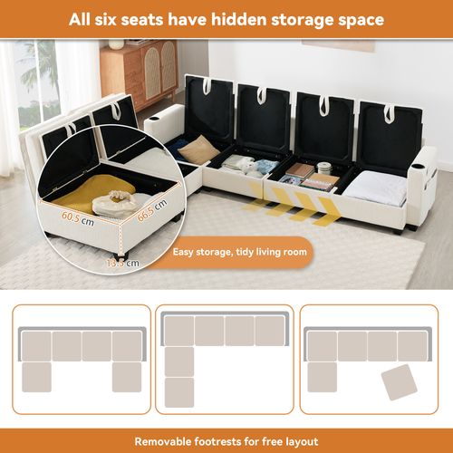 Canapé D’angle Modulable En Velours Beige Avec Pouf, Coffre, USB Et Porte-gobelet