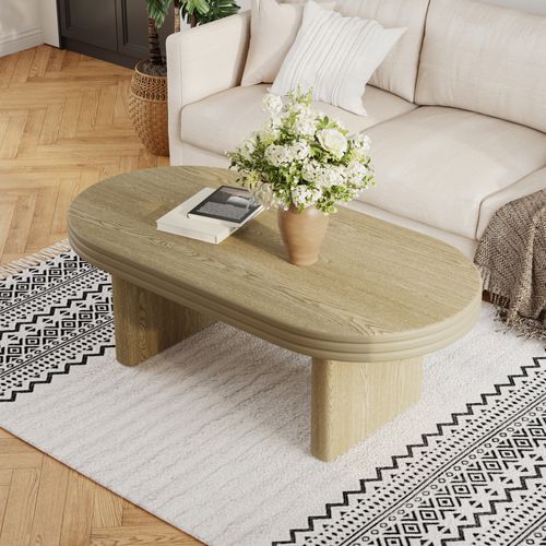 Table Basse - Forme Ovale - Style Médiéval - Rainures Décoratives - Salon - Bureau - Mdf - Naturel