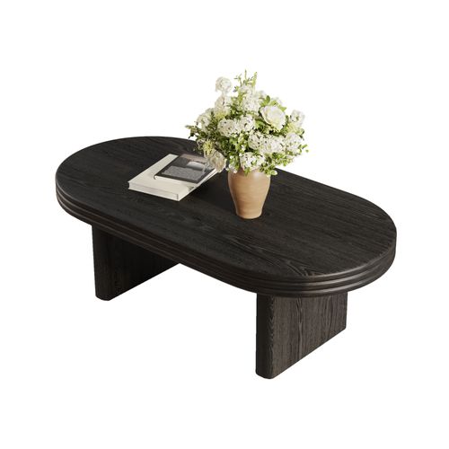Table Basse - Forme Ovale - Style Médiéval - Rainures Décoratives - Salon - Bureau - Bois - Noir