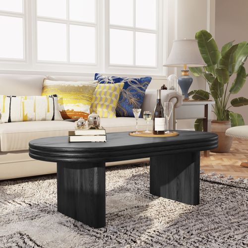 Table Basse - Forme Ovale - Style Médiéval - Rainures Décoratives - Salon - Bureau - Bois - Noir