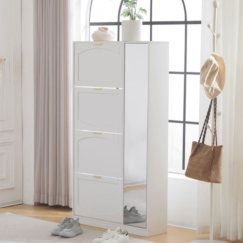 Meuble à Chaussures - Miroir - Compartiments Abattants - Rangement - Étagères Ajustables -mdf -blanc