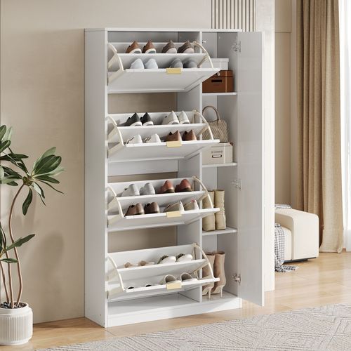 Meuble à Chaussures - Miroir - Compartiments Abattants - Rangement - Étagères Ajustables -mdf -blanc