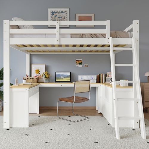 Lit Mezzanine Enfant 140x200 Cm - Avec Bureau - Tiroirs Étagères - Espace De Rangement - Bois -blanc