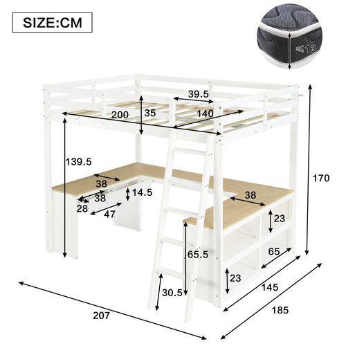 Lit Mezzanine Enfant 140x200 Cm - Avec Bureau - Tiroirs Étagères - Espace De Rangement - Bois -blanc