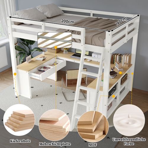 Lit Mezzanine Enfant 140x200 Cm - Avec Bureau - Tiroirs Étagères - Espace De Rangement - Bois -blanc