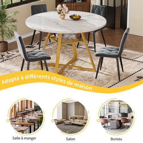 Table à Manger Ronde - Plateau Effet Marbre - Rangement - Pieds Métalliques Réglables - Mdf - Blanc