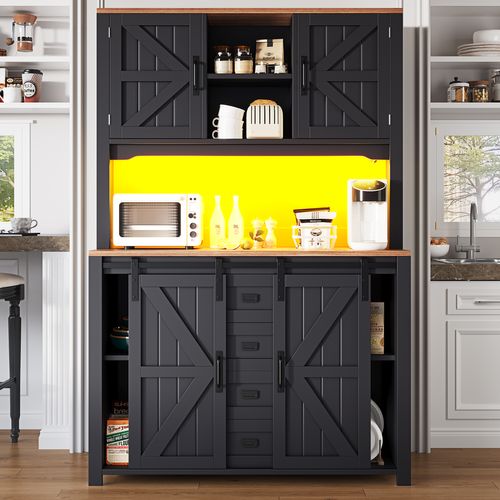 Buffet Haut - Vitrine - Portes Coulissantes - LED - Grande Capacité - Armoire Rangement - Mdf - Noir