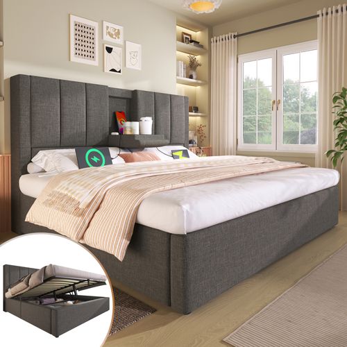Lit Coffre 160x200 Cm - Rangement Caché - Chargeur Intégré - Lit Double - Gris