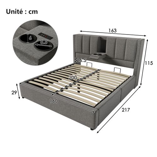Lit Coffre 160x200 Cm - Rangement Caché - Chargeur Intégré - Lit Double - Gris