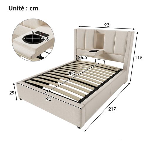 Lit Coffre 90x200 Cm - Rangement Hydraulique - Chargeur USB Intégré - Lit Fonctionnel En Lin - Beige