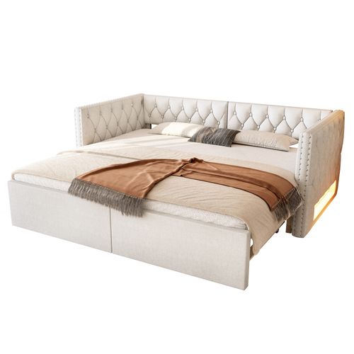 Lit Gigogne 90x200 à 180x200 Cm - Lit Extensible Avec Éclairage LED Et 3 Tiroirs - Beige