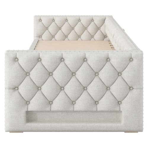 Lit Gigogne 90x200 à 180x200 Cm - Lit Extensible Avec Éclairage LED Et 3 Tiroirs - Beige