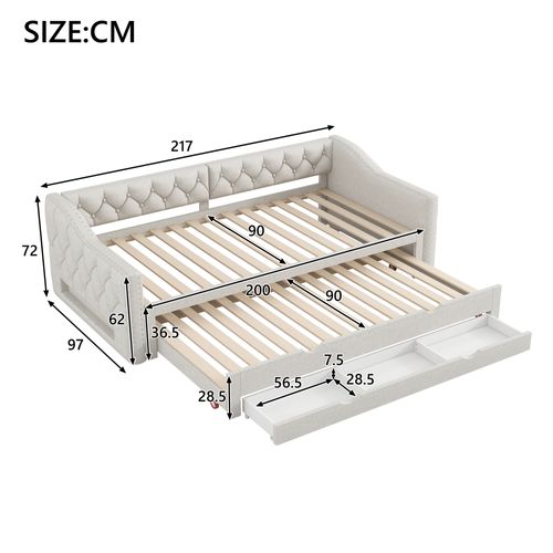 Lit Gigogne 90x200 Cm - Lit Avec LED Et 3 Tiroirs, Revêtement En Lin, Beige