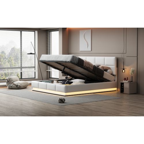 Lit Coffre 180x200 Cm - Lit Double Avec LED - Rangement Hydraulique - Simili Cuir - Blanc