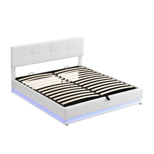 Lit Coffre 180x200 Cm - Lit Double Avec LED - Rangement Hydraulique - Simili Cuir - Blanc