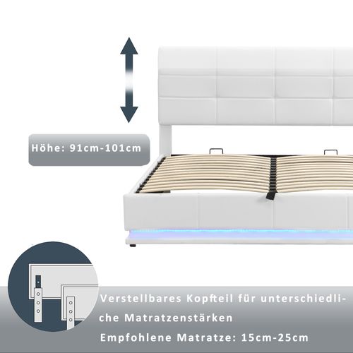 Lit Coffre 180x200 Cm - Lit Double Avec LED - Rangement Hydraulique - Simili Cuir - Blanc