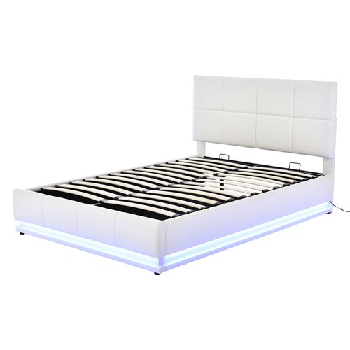 Lit Coffre 140x200 Cm - Lit Double Avec LED - Coffre De Rangement Hydraulique - Mdf Et Métal - Blanc