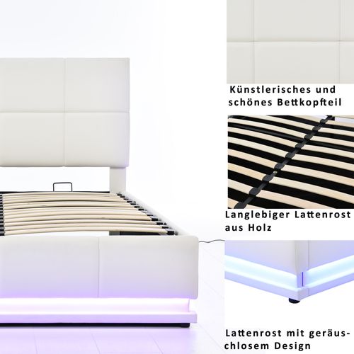 Lit Coffre 140x200 Cm - Lit Double Avec LED - Coffre De Rangement Hydraulique - Mdf Et Métal - Blanc
