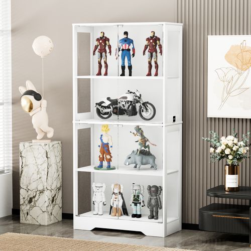 Vitrine Design - 4 Niveaux - Éclairage LED - Portes En Verre - Rangement - Anti-poussière - Blanc