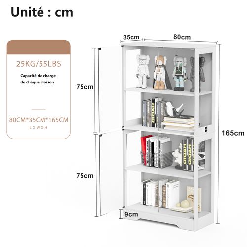 Vitrine Design - 4 Niveaux - Éclairage LED - Portes En Verre - Rangement - Anti-poussière - Blanc