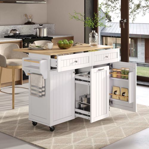 Îlot De Cuisine Mobile - Plateau Extensible Et Tiroir - Mdf Pb - Blanc