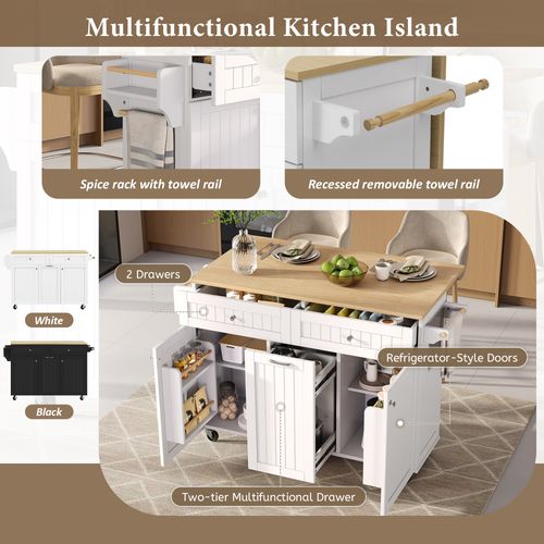 Îlot De Cuisine Mobile - Plateau Extensible Et Tiroir - Mdf Pb - Blanc