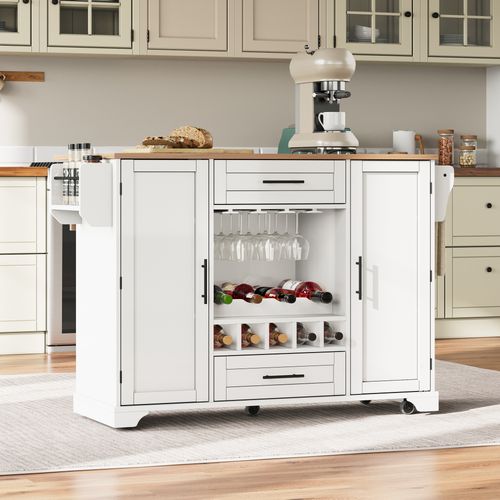 Îlot De Cuisine - Plateau Rabattable - Porte-serviettes - Étagères Pratiques - Mdf - Blanc