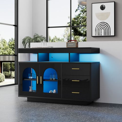 Buffet - Meuble De Rangement Bahut Avec Tiroirs Et Portes Battantes - LED 16 Couleurs - Mdf - Noir