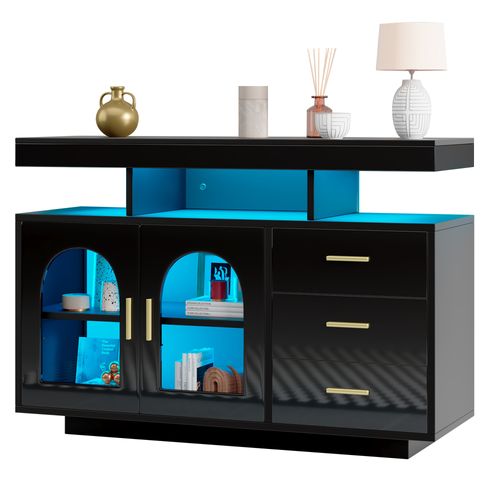 Buffet - Meuble De Rangement Bahut Avec Tiroirs Et Portes Battantes - LED 16 Couleurs - Mdf - Noir