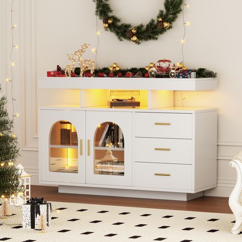 Buffet Meuble De Rangement - LED - Tiroirs Et Portes Battantes - Rangement Vaisselle - Mdf - Blanc