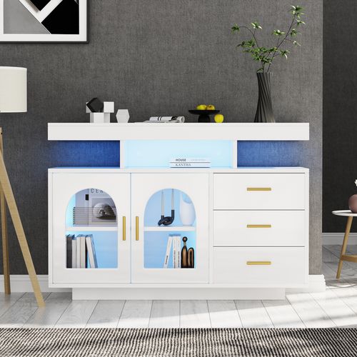 Buffet Meuble De Rangement - LED - Tiroirs Et Portes Battantes - Rangement Vaisselle - Mdf - Blanc