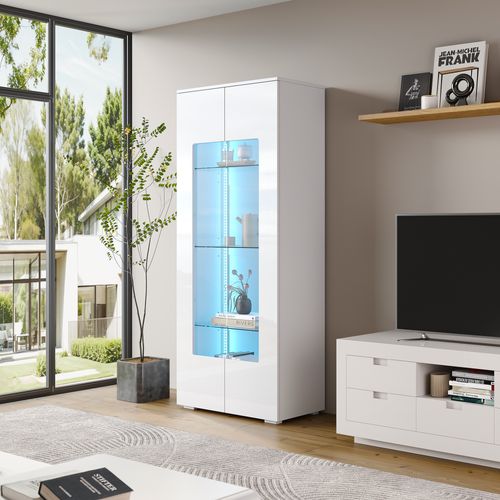 Vitrine Moderne - LED - Portes Acrylique Et Verre Trempé -buffet Haut - Réglables - Rangement -blanc