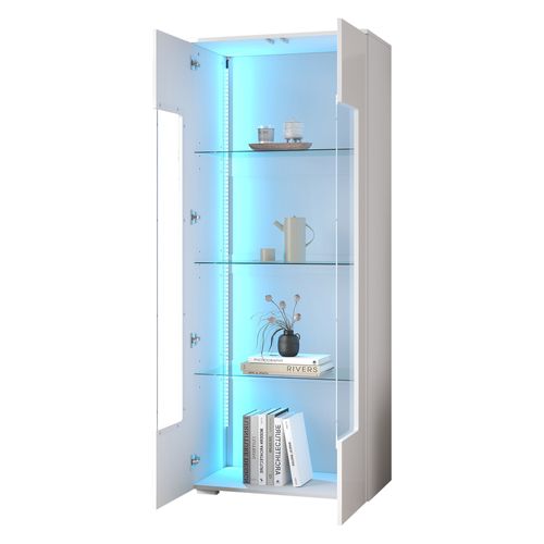 Vitrine Moderne - LED - Portes Acrylique Et Verre Trempé -buffet Haut - Réglables - Rangement -blanc