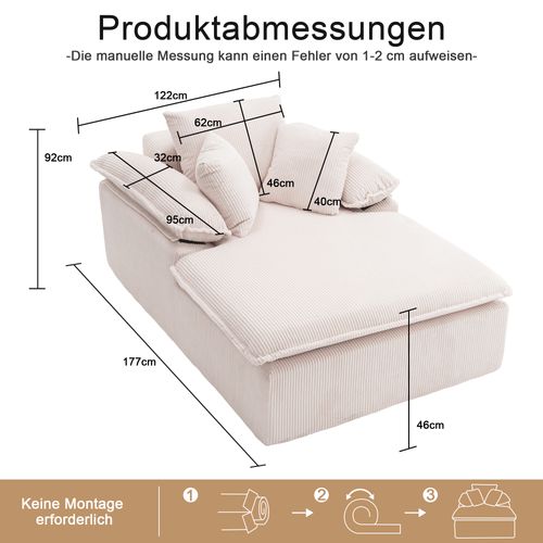 Méridienne - Confort Doux - Dossier Haut - Accoudoirs Larges - Tissu Cord - Blanc