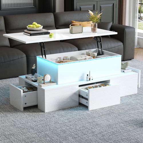 Table Basse Blanche - Relevable Avec Tiroirs De Rangement Et Bande LED, Mdf