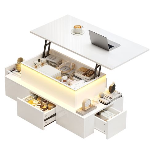 Table Basse Blanche - Relevable Avec Tiroirs De Rangement Et Bande LED, Mdf