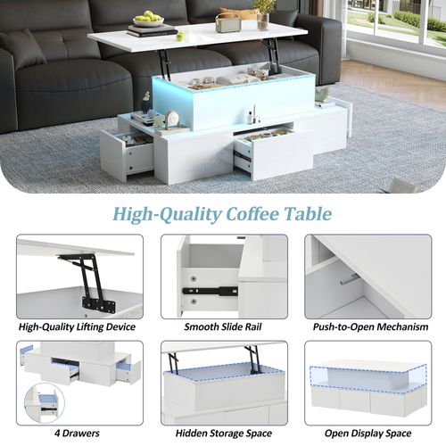 Table Basse Blanche - Relevable Avec Tiroirs De Rangement Et Bande LED, Mdf