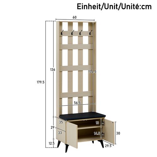 Vestiaire Entrée Moderne Avec Banc Et Étagères - Rangement Chaussures Intégré - Mdf - Nature