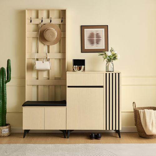 Vestiaire Entrée Moderne Avec Banc Et Étagères - Rangement Chaussures Intégré - Mdf - Nature