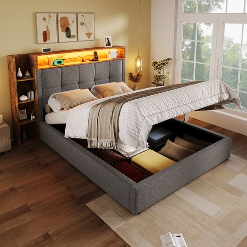 Lit Coffre 90x200 Cm Enfant/ado - Lit Capitonné Avec Coffre Relevable - LED Intégrée - Lin - Gris