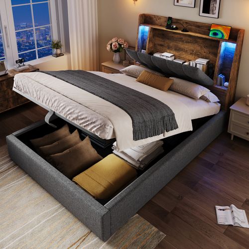 Lit Coffre 90x200 Cm Enfant/ado - Coffre Relevable - LED Et Port USB Type-c - Tissu Lin - Gris