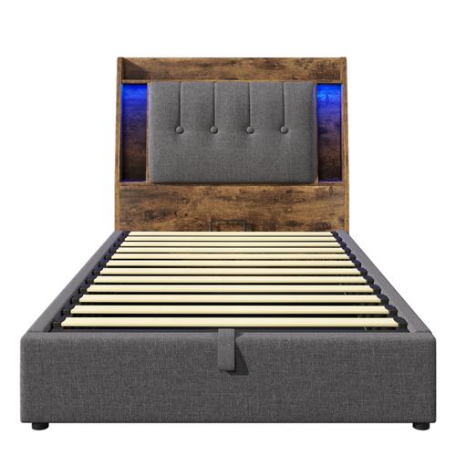 Lit Coffre 90x200 Cm Enfant/ado - Coffre Relevable - LED Et Port USB Type-c - Tissu Lin - Gris